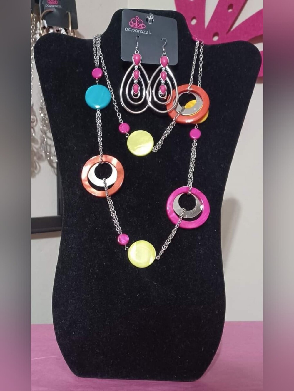 paparazzi Pink Turquoise Orange Lime Multi-Color Circle Necklace & Earring Set